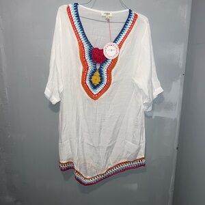 Umgee White Tunic with Multicolor Crochet Trim